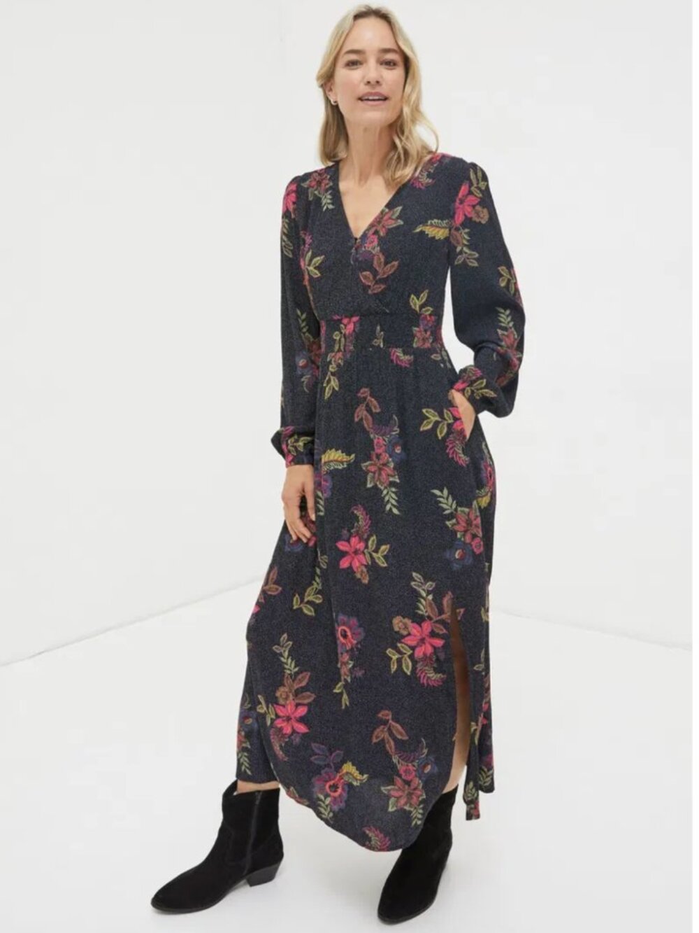 FATFACE United Kingdom Bennie Black & Red Floral Midi Dress Women's Size 12
